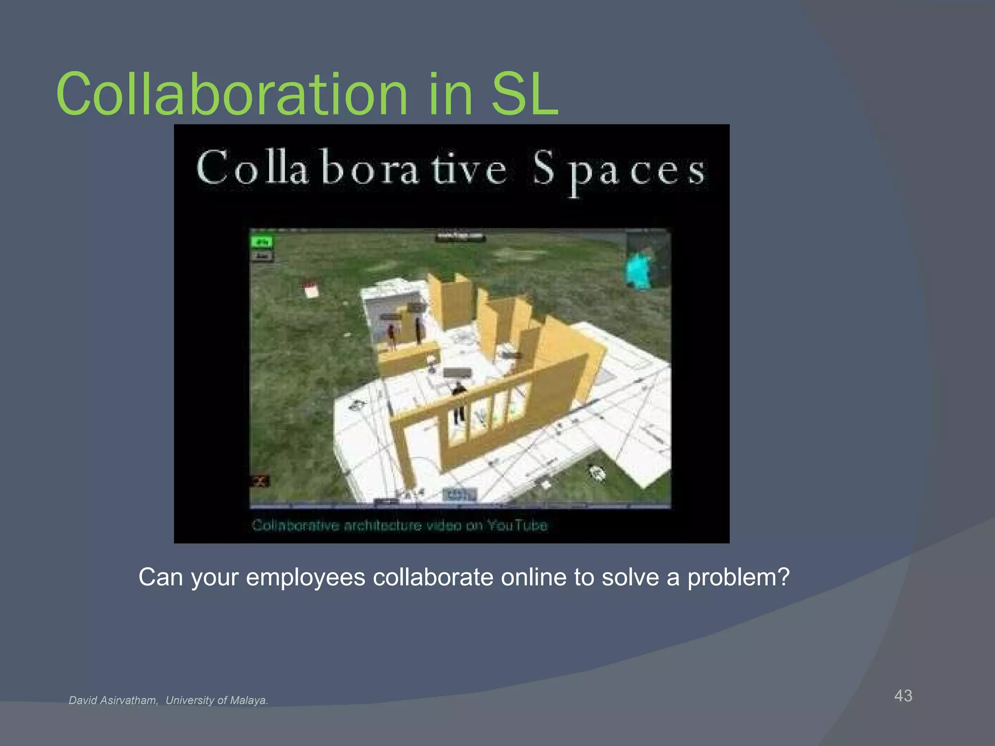 Collaboration in SL Can your employees collaborate online to solve a problem? 