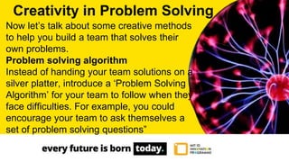 Now let’s talk about some creative methods
to help you build a team that solves their
own problems.
Problem solving algorithm
Instead of handing your team solutions on a
silver platter, introduce a ‘Problem Solving
Algorithm’ for your team to follow when they
face difficulties. For example, you could
encourage your team to ask themselves a
set of problem solving questions”
Creativity in Problem Solving
 