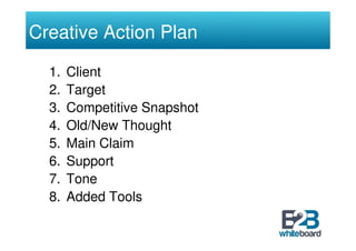 Creative Action Plan

  1.   Client
  2.   Target
  3.   Competitive Snapshot
  4.   Old/New Thought
  5.   Main Claim
  6.   Support
  7.   Tone
  8.   Added Tools
 