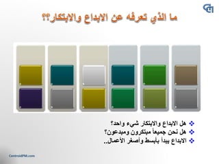 ❖‫واحد؟‬ ‫شيء‬ ‫واالبتكار‬ ‫االبداع‬ ‫هل‬
❖‫مبتكرون‬ ً‫ا‬‫جميع‬ ‫نحن‬ ‫هل‬‫ومبدعون؟‬
❖‫األعمال‬ ‫وأصغر‬ ‫بأبسط‬ ‫يبدأ‬ ‫االبداع‬..
 
