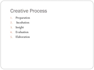 Creative Process Preparation Incubation Insight Evaluation Elaboration 