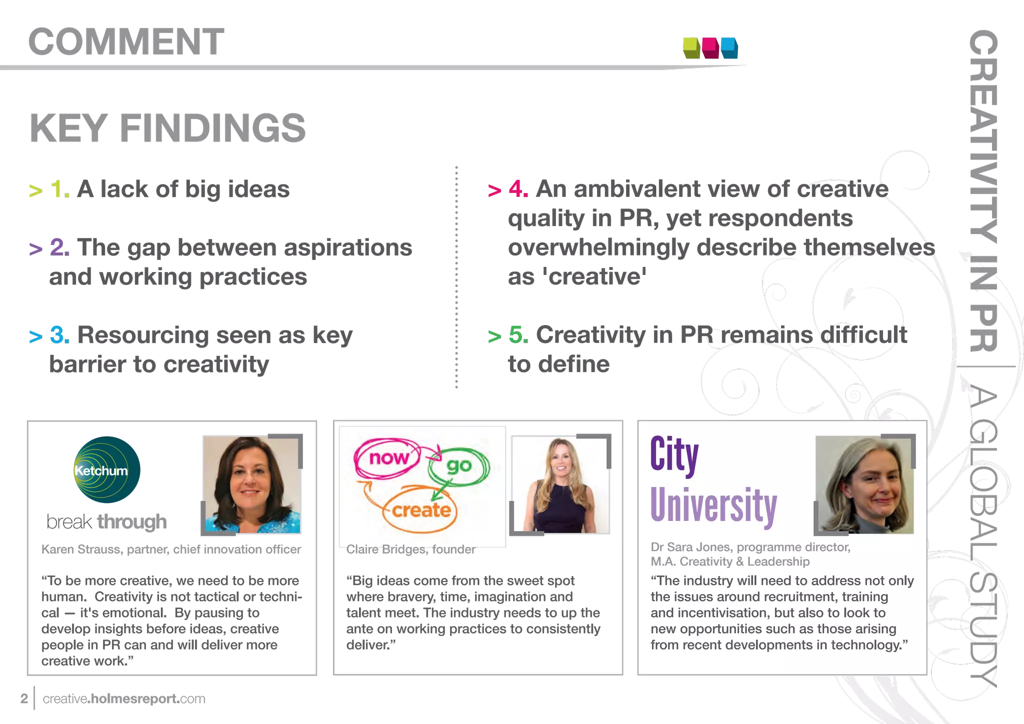COMMENT




                                                                                                                                                 CREATIVITY IN PR A GLOBAL STUDY
    KEY FINDINGS
    > 1. A lack of big ideas                                                     > 4. An ambivalent view of creative
                                                                                   quality in PR, yet respondents
    > 2. The gap between aspirations                                               overwhelmingly describe themselves
      and working practices                                                        as 'creative'

    > 3. Resourcing seen as key                                                  > 5. Creativity in PR remains difﬁcult
      barrier to creativity                                                        to deﬁne



                                                                                                   City
                                                                                                   University
     Karen Strauss, partner, chief innovation ofﬁcer   Claire Bridges, founder                     Dr Sara Jones, programme director,
                                                                                                   M.A. Creativity & Leadership
     “To be more creative, we need to be more          “Big ideas come from the sweet spot         “The industry will need to address not only
     human. Creativity is not tactical or techni-      where bravery, time, imagination and        the issues around recruitment, training
     cal — it's emotional. By pausing to               talent meet. The industry needs to up the   and incentivisation, but also to look to
     develop insights before ideas, creative           ante on working practices to consistently   new opportunities such as those arising
     people in PR can and will deliver more            deliver.”                                   from recent developments in technology.”
     creative work.”

2    creative.holmesreport.com
 