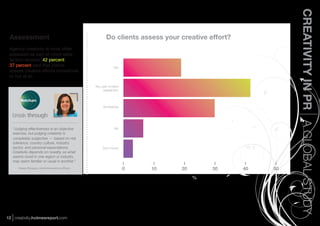 CREATIVITY IN PR A GLOBAL STUDY
 Assessment                                             Do clients assess your creative effort?
 Agency creativity is most often
 assessed as part of client satis-
 faction reviews (42 percent).
 37 percent said that clients                                 Yes
 assess creative efforts sometimes
 or not at all.

                                               Yes, part of client
                                                     satisfaction




                                                     Sometimes




   “Judging effectiveness is an objective                     No
   exercise, but judging creativity is
   completely subjective — based on risk
   tolerance, country culture, industry
   sector, and personal expectations.                Don’t know
   Creativity depends on novelty, so what
   seems novel in one region or industry
   may seem familiar or usual in another.”
      Karen Strauss, chief innovation ofﬁcer                         0   10    20        30       40   50
                                                                                    %




12 creativity.holmesreport.com
 