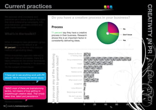 Current practices




                                                                                                                                                   CREATIVITY IN PR A GLOBAL STUDY
 We explored what processes and
 practices are in place to deliver the ideas
                                                  Do you have a creative process in your business?
 that drive outstanding campaigns, inﬂu-
 ence behaviour, generate content and
 grab media headlines.                            Process                                                                       No

                                                  71 percent say they have a creative
 What’s in the toolkit?                           process in their business. Research                                           Don’t know

                                                  shows this is an important factor in
                                                  consistently delivering ideas.                                                Yes
 When it comes to idea generation, group
 brainstorming is the default — at
 86 percent it’s by far the most popular
 method of generating ideas.
                                               Do you use any of the following      Edward De Bono’s
 Whilst anecdotally agencies referred to                                              6 Thinking Hats
 their own internal processes, there is a      techniques to generate ideas?
                                                                                  Group brainstorming
 heavy reliance on old-school techniques,
 and technology is notable in its absence.                                                     Insight

 On the subject of techniques:                                                         Random stimuli

                                                                                        Related worlds
 “I have yet to see anything work with PR                                        Reverse brainstorming
 people. We're missing the secret sauce.”
                                                                                    What would x do?
 Agency head, full service, US                                                             SCAMPER

 “IMHO most of these are brainstorming                                                 Lotus Blossom
 tactics, not means of truly getting to                                           Morphological matrix
 breakthrough creative ideas. That simply
 takes time, talent and persistence.”                                                We don’t use any
                                                                                           techniques

 Richard Edelman
                                                                                                         0   20   40       60         80     100
16 creativity.holmesreport.com
                                                                                                                       %
 