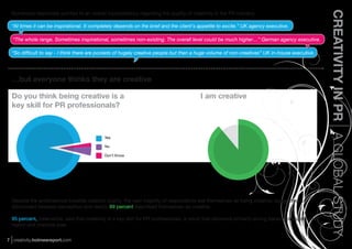 CREATIVITY IN PR A GLOBAL STUDY
  Numerous responses pointed to an overall inconsistency regarding the quality of creativity in the PR industry.

  “At times it can be inspirational. It completely depends on the brief and the client's appetite to excite.” UK agency executive.

  “The whole range. Sometimes inspirational, sometimes non-existing. The overall level could be much higher…” German agency executive.

  “So difﬁcult to say - I think there are pockets of hugely creative people but then a huge volume of non-creatives” UK in-house executive.




  …but everyone thinks they are creative

  Do you think being creative is a                                                         I am creative
  key skill for PR professionals?



                                             Yes

                                             No

                                             Don’t Know




  Despite the ambivalence towards creative quality, the vast majority of respondents see themselves as being creative, suggesting a
  disconnect between perception and reality. 89 percent described themselves as creative.

  95 percent, meanwhile, said that creativity is a key skill for PR professionals, a result that delivered similarly strong backing irrespective of
  region and practice area.


7 creativity.holmesreport.com
 