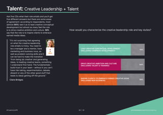 Talent: Creative Leadership + Talent
Ask five CDs what their role entails and you’ll get
five different answers but there are some areas
of agreement: according to respondents, most
(almost 80%) see it as to lead creative conceptual
development but almost as many feel the role
is to drive creative ambition and culture. 58%
say that the role is to inspire clients to embrace
earned media ideas.
“It’s not surprising that agreeing
on what the creative leadership
role entails is tricky. You need to
be a manager and a mentor, have
marketing and business nous, as
well as problem-solving skills and it
can be hard to make the transition
‘from being (a) creative’ and generating
ideas, to leading creative teams, something
I understand first hand. The fundamentals -
build trust in your team – without it you can’t
have risk-taking, experimentation, debate,
dissent or any of the other good stuff that
leads to ideas getting off the ground.”
Claire Bridges
LEAD CREATIVE CONCEPTUAL DEVELOPMENT
INCLUDING CAMPAIGN DEVELOPMENT
DRIVE CREATIVE AMBITION AND CULTURE
INCLUDING TALENT  TRAINING
INSPIRE CLIENTS TO EMBRACE EARNED CREATIVE IDEAS
INCLUDING NEW BUSINESS
79%
64%
58%
How would you characterize the creative leadership role and key duties?
#CreativityInPR 28 | 30   provokemedia.com/focus/creativity
 