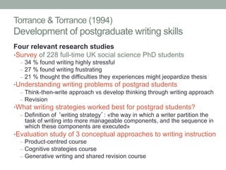 Torrance & Torrance (1994)

Development of postgraduate writing skills
Four relevant research studies
• Survey of 228 full-time UK social science PhD students
–  34 % found writing highly stressful
–  27 % found writing frustrating
–  21 % thought the difficulties they experiences might jeopardize thesis

• Understanding writing problems of postgrad students
–  Think-then-write approach vs develop thinking through writing approach
–  Revision
• What writing strategies worked best for postgrad students?
–  Definition of ‘writing strategy’: «the way in which a writer partition the
task of writing into more manageable components, and the sequence in
which these components are executed»
• Evaluation study of 3 conceptual approaches to writing instruction
–  Product-centred course
–  Cognitive strategies course
–  Generative writing and shared revision course

 