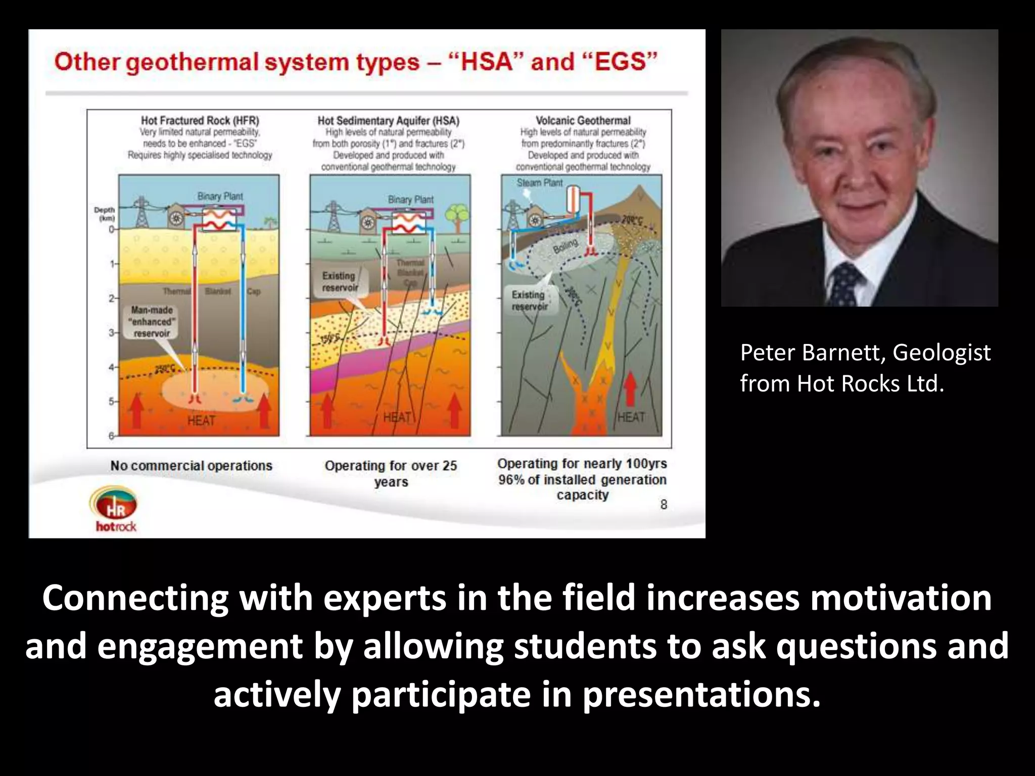 Peter Barnett, Geologist
                                          from Hot Rocks Ltd.




 Connecting with experts in the field increases motivation
and engagement by allowing students to ask questions and
          actively participate in presentations.
 