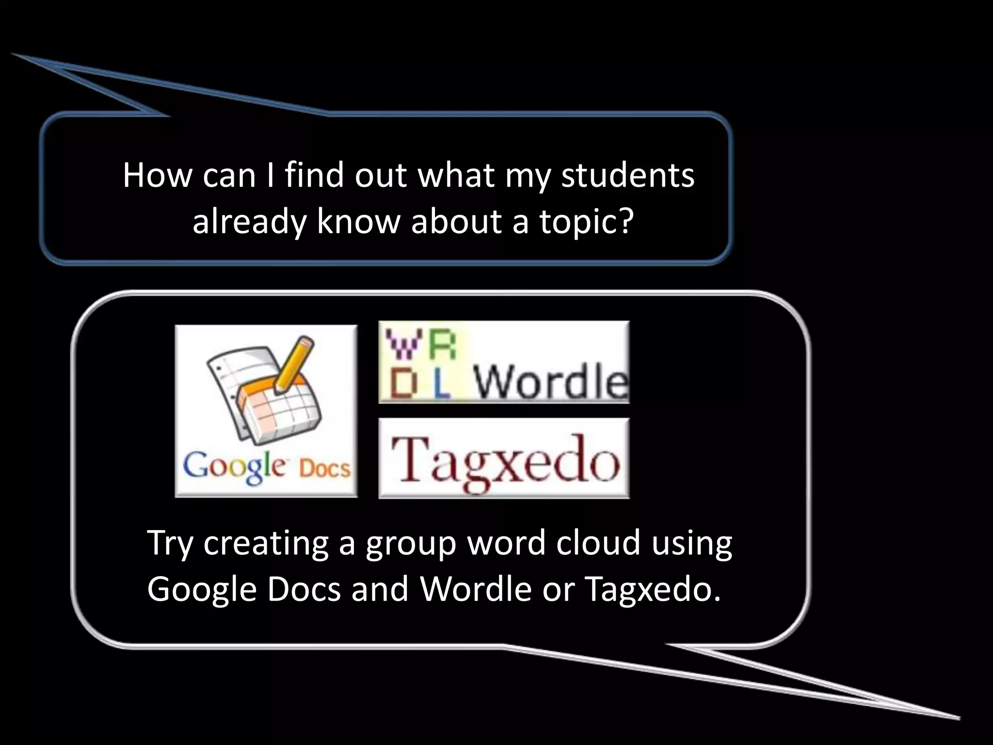 How can I find out what my students
   already know about a topic?




 Try creating a group word cloud using
 Google Docs and Wordle or Tagxedo.
 