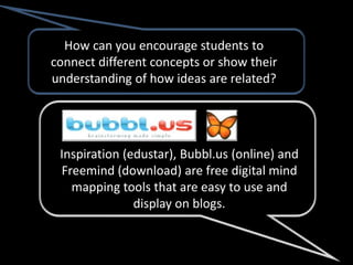 How can you encourage students to
connect different concepts or show their
understanding of how ideas are related?




 Inspiration (edustar), Bubbl.us (online) and
 Freemind (download) are free digital mind
   mapping tools that are easy to use and
               display on blogs.
 