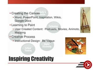 Inspiring Creativity
• Creating the Canvas
• Word, PowerPoint, Inspiration, Wikis,
Google Docs
• Learning to Paint
• User Created Content: Podcasts, Movies, Animoto,
Mapping
• Creative Process
• Instructional Design: Be Vague
 