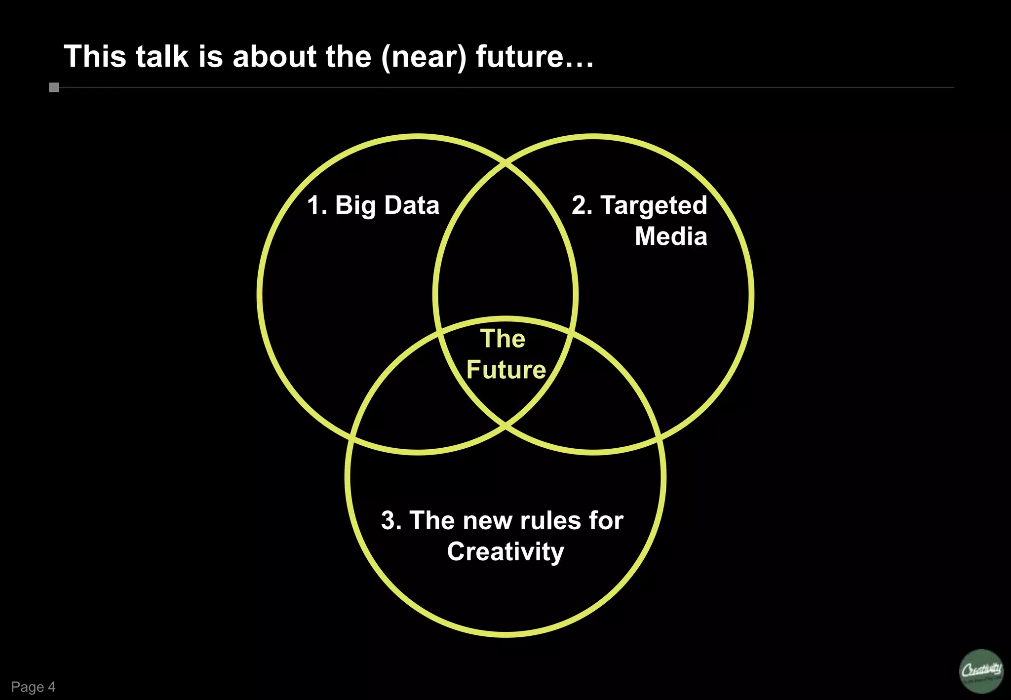 Page 4
This talk is about the (near) future…
2. Targeted
Media
1. Big Data
3. The new rules for
Creativity
The
Future
 