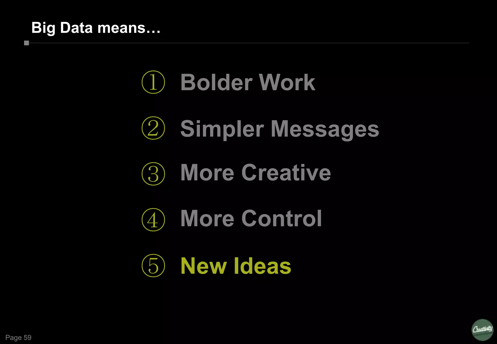 Page 59
Big Data means…
①
②
③
④
⑤
Bolder Work
Simpler Messages
More Creative
More Control
New Ideas
 