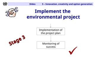 Slides 5 – Innovation, creativity and option generation
Implement the
environmental project
Stage 3
Stage 3

Implementation of
the project plan
Monitoring of
success
 