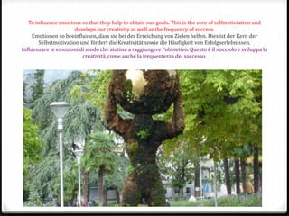 To influence emotions so that they help to obtain our goals. This is the core of selfmotiviation und
develops our creativity as well as the frequency of success.
Emotionen so beeinflussen, dass sie bei der Erreichung von Zielen helfen. Dies ist der Kern der
Selbstmotivation und fördert die Kreativität sowie die Häufigkeit von Erfolgserlebnissen.
Influenzare le emozioni di modo che aiutino a raggiungere l‘obbietivo. Questo è il nocciolo e sviluppa la
creatività, come anche la frequentezza del successo.
 