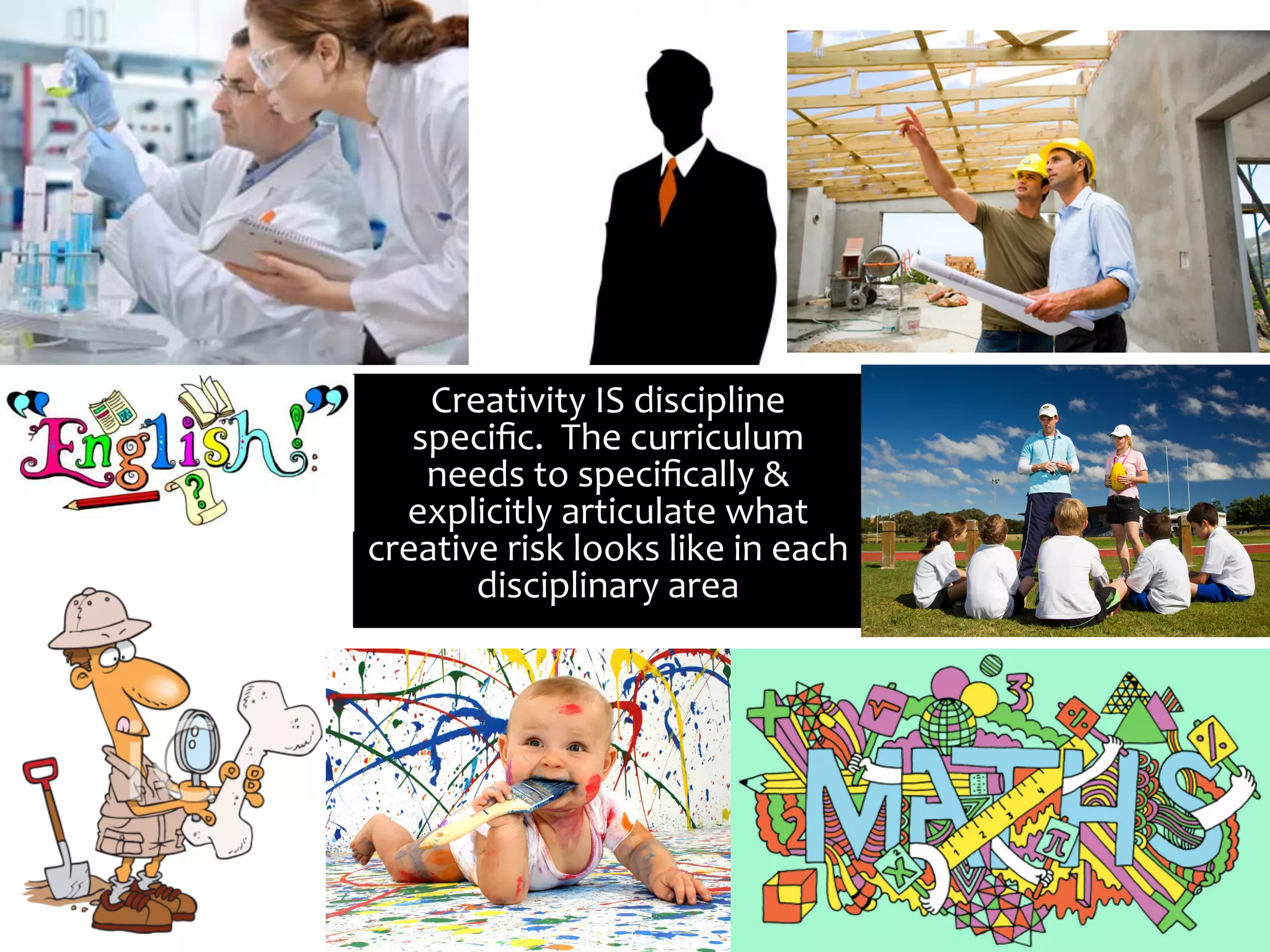 Creativity	
  IS	
  discipline	
  
speciﬁc.	
  	
  The	
  curriculum	
  
needs	
  to	
  speciﬁcally	
  &	
  
explicitly	
  articulate	
  what	
  
creative	
  risk	
  looks	
  like	
  in	
  each	
  
disciplinary	
  area	
  
Kelly	
  Freebody	
  
 