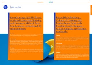 21stCenturySkills
81 82
CREATIVITY
Case studies
Smurfit Kappa Quickly Pivots
to Virtual Leadership Training
and Enhances Skills of Next-
Gen Leaders – Ireland and 35
more countries
The case
This case study shows how a global company used creativity in overcoming
covid-19 for developing the future leaders within the organization.
The challenge
The company had scheduled the annual summit of the new leaders for the end
of 2020. However, the COVID-19 pandemic marked the beginning of radical
changes for in-person events the likes of which had never been seen before. As
organizations worldwide cancelled events, and millions of people prepared for
self-quarantine, Smurfit Kappa recognized the need to pivot quickly.
The result
With the creative solutions were adopted, they maximized the learning oppor-
tunities for Smurfit Kappa’s emerging leaders during an uncertain time when
face-to-face training wasn’t an option, but strong leadership skills were more
critical than ever.
BeyondTrust/Building a
Culture of Learning and
Leadership at Scale with
Frontline Leader Impact –
Global company (9 countries
worldwide)
The case
This case study shows how a global organization used creativity in leadership
development that would be the first step in level-setting how all of their managers
would lead and found a solution “that was not just virtual, but inclusive, self-
paced, and one that would make a lasting impact”.
The challenge
After a series of acquisitions, BeyondTrust recognized many people within the
organization were put into leadership positions without much prior develop-
ment – a concept they refer to as “accidental leaders.” The organization wanted
to build and reinforce a culture of learning as well as instill the foundational
competencies required to lead others.
The result
The creative solutions adopted (graduates cooperated with the c-level execu-
tives), further pushed their global cross-functional mission and made the entire
experience more interesting. The individualized approach has made all the dif-
ference and nurtured accountability in their leaders.
 