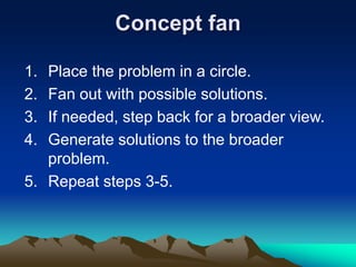 Concept fan
1. Place the problem in a circle.
2. Fan out with possible solutions.
3. If needed, step back for a broader view.
4. Generate solutions to the broader
problem.
5. Repeat steps 3-5.
 