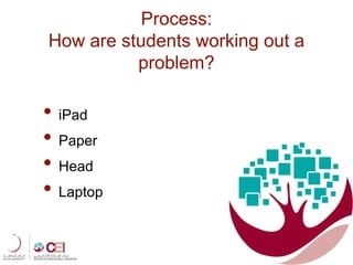 Process:
How are students working out a
problem?
• iPad
• Paper
• Head
• Laptop
 