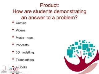 • Comics
• Videos
• Music - raps
• Podcasts
• 3D modelling
• Teach others
• e-Books
Product:
How are students demonstrating
an answer to a problem?
 