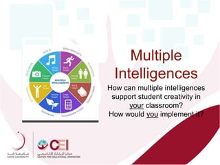 Multiple
Intelligences
How can multiple intelligences
support student creativity in
your classroom?
How would you implement it?
 