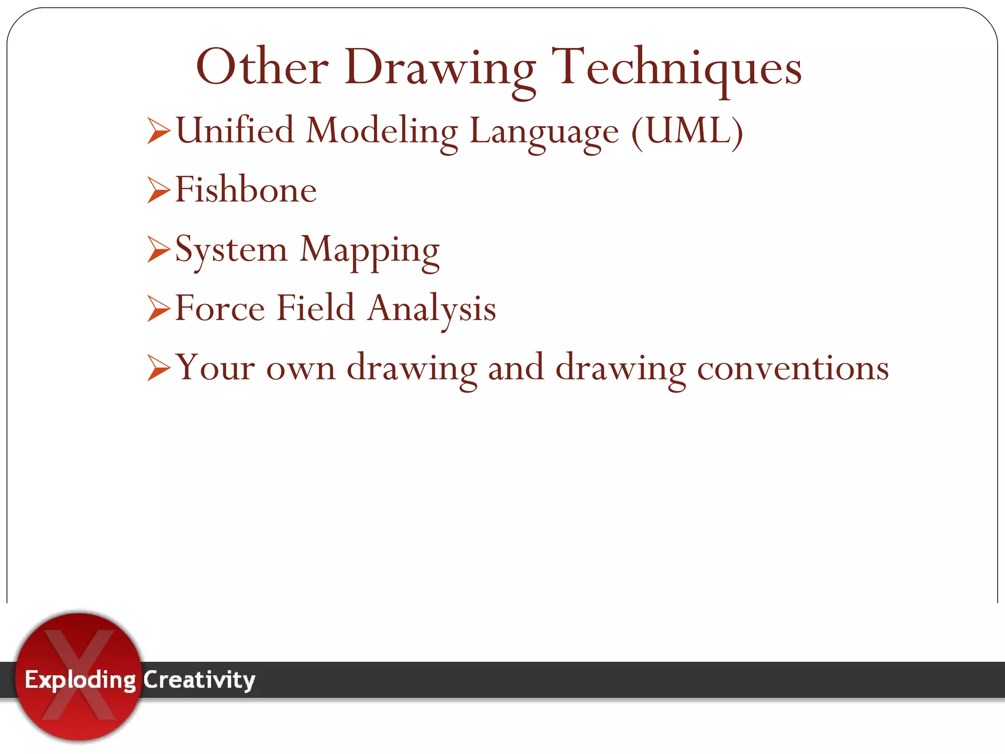 Unified Modeling Language (UML) Fishbone System Mapping Force Field Analysis Your own drawing and drawing conventions Other Drawing Techniques 