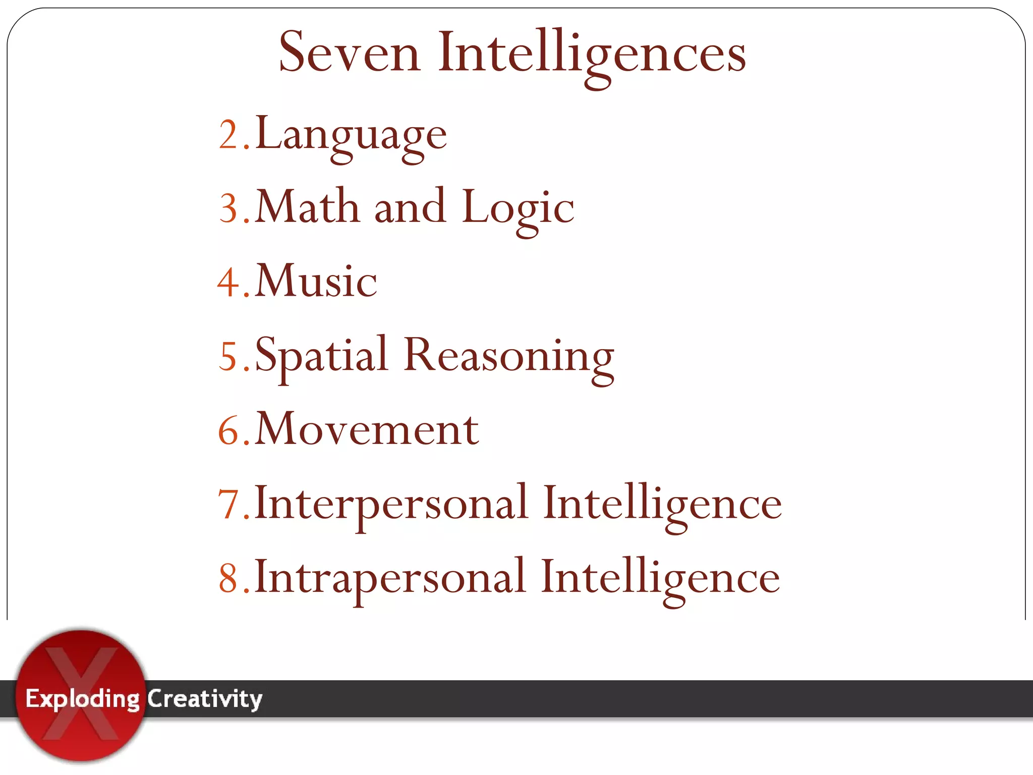Seven Intelligences Language  Math and Logic Music Spatial Reasoning Movement Interpersonal Intelligence Intrapersonal Intelligence 
