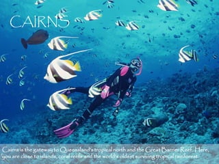 CAIRNS




Cairns is the gateway to Queensland’s tropical north and the Great Barrier Reef. Here,
you are close to islands, coral reefs and the world’s oldest surviving tropical rainforest. 8
 