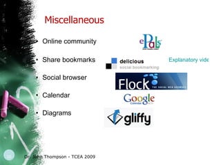Miscellaneous Online community Share bookmarks  Social browser Calendar  Diagrams  Dr. John Thompson - TCEA 2009 Explanatory video 