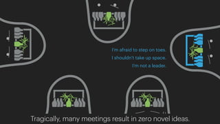 I’m afraid to step on toes.
I shouldn’t take up space.
I’m not a leader.
Tragically, many meetings result in zero novel ideas.
 
