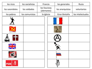 los ricos los socialistas Francia los generales Rusia los sacerdotes los soldados los fascistas (alemanes) los anarquistas voluntarios los pobres los comunistas la Iglesia Gran Bretaña los intelectuales 