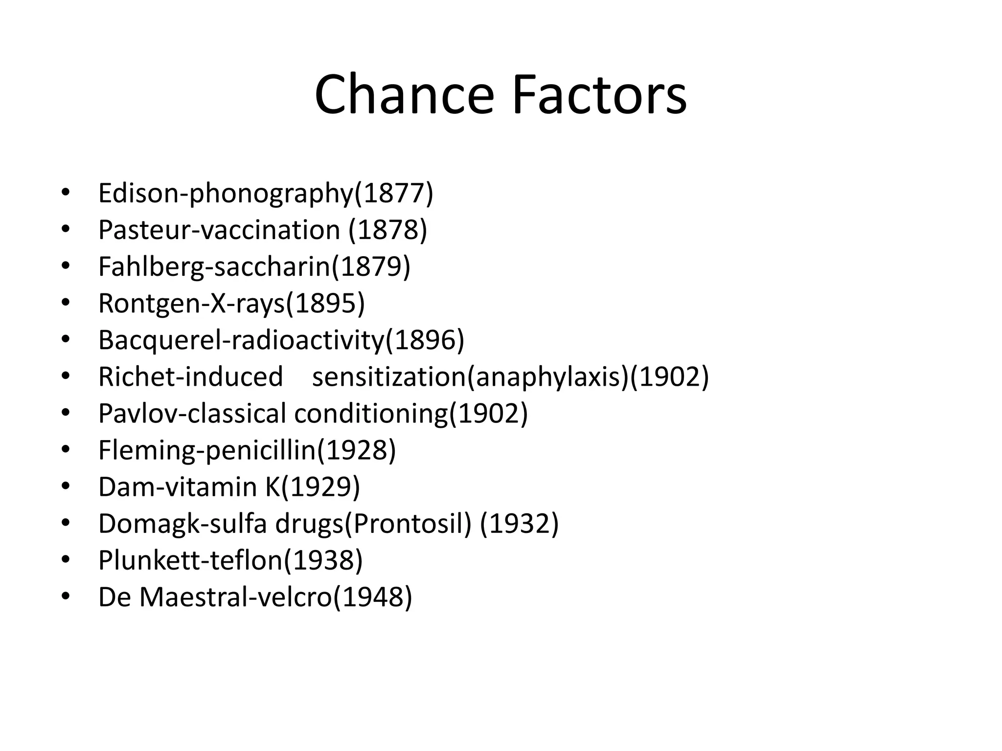 Chance FactorsEdison-phonography(1877)Pasteur-vaccination (1878)Fahlberg-saccharin(1879)Rontgen-X-rays(1895)Bacquerel-radioactivity(1896)Richet-induced    sensitization(anaphylaxis)(1902)Pavlov-classical conditioning(1902)Fleming-penicillin(1928)Dam-vitamin K(1929)Domagk-sulfa drugs(Prontosil) (1932)Plunkett-teflon(1938)De Maestral-velcro(1948)