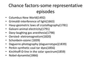 Chance factors-some representative episodesColumbus-New World(1492)Grimaldi-interference of light(1663)Hauy-geometric laws of crystallography(1781)Galvani-animal electricity(1791)Davy-laughing gas anesthesia(1798)Oersted- eletromagnetism(1820)Schonbein-ozone (1839)Daguerre-photography (daguerrotype)(1839)Perkin-synthetic coal-tar dyes(1856)Kirchhoff-D-line in the solar spectrum(1859)Nobel-dynamite(1866)