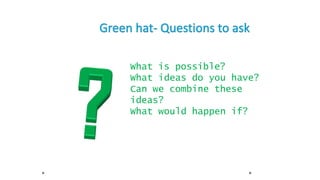 What is possible?
What ideas do you have?
Can we combine these
ideas?
What would happen if?
 