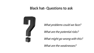 What problems could we face?
What are the potential risks?
What might go wrong with this?
What are the weaknesses?
 