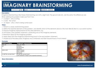 Divergence


  IMAGINARY BRAINSTORMING
  How to use:     individual / group     open / closed problems          products / services

Description:
Imaginary Brainstorming is like Classic Brainstorming, but with a slight twist. The ground rules etc. are the same, the differences are;
When defining the problem make sure that it has:
•  a subject - who is acting
•  a verb - the action
•  an object - who / what is being acted upon
Steps:
1. Perform a classic brainstorming session
2. Define the essential elements of the problem, and identify which of the elements above is the most directly tied to a successful solution.
3. Propose imaginary replacements for the other elements. e.g.
4. Formulate a new problem statement, substituting one of the imaginary elements.
5. Brainstorm ideas for the imaginary problem
6. Apply ideas from the imaginary brainstorming back to the real problem statement.
7. Analyse all of the ideas (real, imaginary and combined) and take forward those of most interest.

Example:
Original problem           Suggested replacements
How do                     How do / does
we                         Children,
                           Donald Duck,
                           Teachers
write a bid                Build a house,
                           Earn a Million,
                           get drunk
in half the normal time?   in half the normal time?
                           (This element is kept as the essential element)


More information:

http://www.mycoted.com
    14                                                                                                                   www.21LobsterStreet.com
 