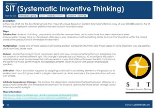 Divergence


  SIT (Systematic Inventive Thinking)
  How to use:   individual / group   open / closed problems     products / services

Description:
In the core of SIT are the five Thinking Tools that make SIT unique. Based on Genrich Altschuller's lifetime study of over 200,000 patents, the SIT
thinking tools represent common patterns that are found in innovative ideas.

Steps:
Substraction - Instead of adding components or attributes, remove them, particularly those that seem desirable or even
indispensable. Having done so, developers often see a way to replace it with something better, but one that should be within the closed
world of the product and its immediate environment.

Multiplication - Make one or more copies of an existing product component but then alter those copies in some important way eg Gillette's
dual (now four) blade razor.

Division - Divide the product into its component parts and you can see something that was integrated into
the whole in an entirely different light. This change in perspective can lead you to reconfigure the parts in
unanticipated ways or even keep the parts separate in a way that offers unforeseen benefits. For instance,
the old hi-fi or music centre morphs into separate amplifer, receiver, power unit, player and modular
speakers.

Unification - Much innovation happens by assigning a new task to an existing element of the product or its
environment, so unifying two tasks in a single component. A classic example is the now ubiquitous suitcase
with wheels.

Attribute Dependency Change - This involves the dependent relationships that exist between attributes of a
product and attributes of its immediate environment, for instance, spectacles whose lenses change colour
when exposed to sunlight.

More information:
http://www.idea-knowledge.gov.uk/idk/core/page.do?pageId=75061
http://www.sitsite.com/data/documents/SITmethod4SIT2GO.pdf


   21                                                                                                                    www.21LobsterStreet.com
 