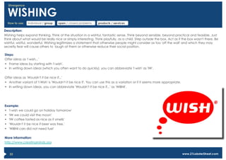 Divergence


  WISHING
  How to use:   individual / group   open / closed problems      products / services

Description:
Wishing helps expand thinking. Think of the situation in a wishful, fantastic sense. Think beyond sensible, beyond practical and feasible. Just
think about what would be really nice or simply interesting. Think playfully, as a child. Step outside the box. Act as if the box wasn't there. Be
wishful, wistful, wonderful. Wishing legitimizes a statement that otherwise people might consider as too 'off the wall' and which they may
secretly fear will cause others to  laugh at them or otherwise reduce their social position.

Steps:
Offer ideas as 'I wish...'
•  Frame ideas by starting with 'I wish'.
•  In writing down ideas (which you often want to do quickly), you can abbreviate 'I wish' as 'IW'.

Offer ideas as 'Wouldn't it be nice if...'
•  Another variant of 'I Wish' is 'Wouldn't it be nice if'. You can use this as a variation or if it seems more appropriate.
•  In writing down ideas, you can abbreviate 'Wouldn't it be nice if...' as 'WIBNI'.




Example:
•  'I wish we could go on holiday tomorrow'
•  'IW we could visit the moon'
•  'IW coffee tasted as nice as it smells'
•  'Wouldn't it be nice if beer was free.'
•  'WIBNI cars did not need fuel'

More information:
http://www.creatingminds.org


   22                                                                                                                          www.21LobsterStreet.com
 