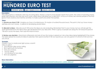 Convergence


  HUNDRED EURO TEST
  How to use:   individual / group   open / closed problems   products / services

Description:
Allocating points is a relatively cold way of scoring ideas. Money is closer to most people's hearts than points. The notion of spending money
grabs their attention and they are much more careful about deciding how to allocate it. A focus on money also reminds people of the final
goal of most creative and inventive activities: to make a profit and sustain the business.
Steps:
1. Assume you have € 100 - Imagine you have a hundred euros. Or maybe a hundred thousand euros. The point is that you have money -
perhaps your own money - to spend on developing several ideas.

2. Allocate to ideas - Allocate your € 100 across the ideas you are evaluating. Remember that it is your money, but you will also get the
profit generated from the ideas which get developed from your allocation. When a group of people are doing this, let everyone spend €
100 each across the ideas, then add the totals for each.

3. Review your decision - Stand back afterwards and look at how the money is spread out. Are a few ideas being highlighted? If the money
has been spread too evenly for ideas to selected, then spend another € 100, but assume you can only spend it in one lot of € 50 and two
lots of € 25.

Example:
Problem: how to create even light across a room?
Ideas to select:
•  10 €: Diffusion strips across ceiling
•  30 €: Lights built into furniture
•  10 €: Lots of mirrors
•  0 €: No ceiling
•  5 €: Windows on two sides
•  45 €: Use uplighters


More information:
http://www.bth.se/tek/pba.nsf/(WebFiles)/EA0FA0632C97E645C125722F00430F93/$FILE/HCV_IJSEKE_2006.pdf


   27                                                                                                                www.21LobsterStreet.com
 
