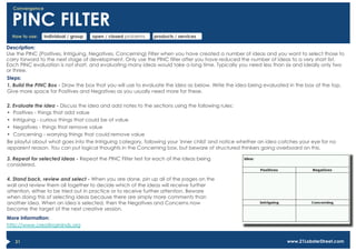 Convergence


  PINC FILTER
  How to use:   individual / group   open / closed problems   products / services

Description:
Use the PINC (Positives, Intriguing, Negatives, Concerning) Filter when you have created a number of ideas and you want to select those to
carry forward to the next stage of development. Only use the PINC filter after you have reduced the number of ideas to a very short list.
Each PINC evaluation is not short, and evaluating many ideas would take a long time. Typically you need less than six and ideally only two
or three.
Steps:
1. Build the PINC Box - Draw the box that you will use to evaluate the idea as below. Write the idea being evaluated in the box at the top.
Give more space for Positives and Negatives as you usually need more for these.

2. Evaluate the idea - Discuss the idea and add notes to the sections using the following rules:
•  Positives - things that add value
•  Intriguing - curious things that could be of value
•  Negatives - things that remove value
•  Concerning - worrying things that could remove value
Be playful about what goes into the Intriguing category, following your 'inner child' and notice whether an idea catches your eye for no
apparent reason. You can put logical thoughts in the Concerning box, but beware of structured thinkers going overboard on this.

3. Repeat for selected ideas - Repeat the PINC Filter test for each of the ideas being
considered.

4. Stand back, review and select - When you are done, pin up all of the pages on the
wall and review them all together to decide which of the ideas will receive further
attention, either to be tried out in practice or to receive further attention. Beware
when doing this of selecting ideas because there are simply more comments than
another idea. When an idea is selected, then the Negatives and Concerns now
become the target of the next creative session.
More information:
http://www.creatingminds.org


   31                                                                                                               www.21LobsterStreet.com
 