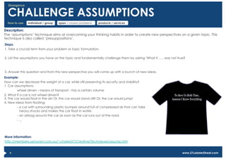 Divergence


  CHALLENGE ASSUMPTIONS
  How to use:   individual / group   open / closed problems   products / services

Description:
The ‘assumptions’ technique aims at overcoming your thinking habits in order to create new perspectives on a given topic. This
technique is also called ‘presuppositions’.
Steps:
1. Take a crucial term from your problem or topic formulation.

2. List the assumptions you have on the topic and fundamentally challenge them by asking "What if ….. was not true?



3. Answer this question and from this new perspective you will come up with a bunch of new ideas.
Example:
How can we decrease the weight of a car, while still preserving its security and stability?
1. Car assumptions:
        wheel driven - means of transport - has a certain volume
2. What if a car is not wheel driven?
3. The car would float in the air! Or, the car would stand still! Or, the car would jump!
4. New ideas from floating:
        - a car with surrounding plastic bumper around full of compressed air that can take
           heavy shocks and makes the car float in water.
        -  an airbag around the car as soon as the car runs out of the road.
        -  ...




More information:
http://members.optusnet.com.au/~charles57/Creative/Techniques/assump.htm


   9                                                                                                             www.21LobsterStreet.com
 