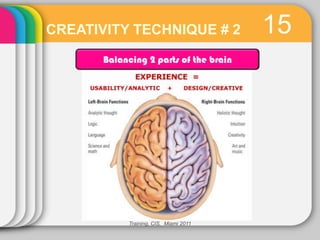 CREATIVITY TECHNIQUE # 2                15
       Balancing 2 parts of the brain




            Training, CIS, Miami 2011
 