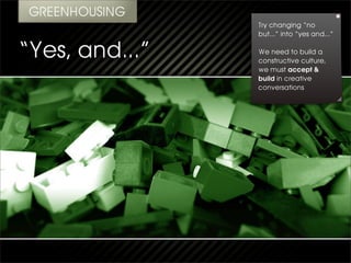 Try changing “no
but...” into “yes and...”

We need to build a
constructive culture,
we must accept &
build in creative
conversations
 