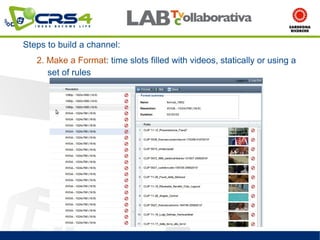 Steps to build a channel:
   2. Make a Format: time slots filled with videos, statically or using a
      set of rules
 