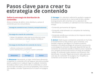 11
Pasos clave para crear tu
estrategia de contenido
Define la estrategia de distribución de
contenidos
Ahora es tiempo de definir cómo distribuir y activar el
contenido para los consumidores.
Estrategia de distribución de contenido de marca:
Estrategia de creación de contenidos:
Estrategia de contenido de marca: Territorio y mensaje fundamental
• CREAR, COLABORAR o REALIZAR SELECCIÓN EXCLUSIVA
• Definir CONTENIDO DE HIGIENE, NODAL Y ESTRELLA
• ¿Dónde se almacena el contenido?
• ¿Cómo distribuimos y activamos nuestro contenido?
Almacenar Entregar Activar
1. Almacenar: Necesitarás un lugar central para almacenar
y organizar tu contenido a fin de asegurar que esté accesible
para tu audiencia en cualquier lugar y cualquier momento.
Considera utilizar como centro de tus contenidos un canal
de YouTube vinculado a tus otras propiedades. Para conocer
más detalles, consulta “Experiencia en el canal” en la página
59.
2. Entregar: Un calendario editorial te ayudará a asegurar
la presencia constante de tu marca todo el año y alinear
la programación del contenido con tu calendario de
mercadotecnia. Considera un calendario en tres niveles que
incluya:
•	Contenido permanente de higiene;
•	Contenido nodal alineado con campañas de marketing
identificadas; y
•	Contenido estrella que coincida con los mayores eventos
emblemáticos del año.
3. Activar: Dado la gran cantidad de contenido en YouTube,
es fundamental no solo producir gran contenido, sino
también asegurar que llegue a tu audiencia destino
mediante una sólida estrategia de activación y promoción.
La estrategia de activación adecuada depende del tipo de
contenido. El contenido estrella se deberá activar mediante
una campaña promocional masiva a lo largo de múltiples
canales. El contenido nodal requiere una activación más
identificada. Consulta “Elige la promoción adecuada para
cada tipo de contenido” en la página 73 y “Amplifica tu
contenido con lo social” en la página 78.
 