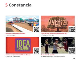 24
5 Constancia
Constancia de programación/RhettandLink2
 The Mythical Show Ep 4
Constancia de elementos/PBSideachannel
 Why Do We Love Zombies?
Constancia de voz/Vice
 The Warrior Women of Asgarda (documental)
Constancia de formato/Rokenbok
 Rokenbok Airport
 