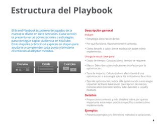4
El Brand Playbook (cuaderno de jugadas de la
marca) se divide en siete secciones. Cada sección
te presenta varias optimizaciones o estrategias
para conseguir captar audiencia en YouTube.
Estas mejores prácticas se explican en etapas para
ayudarte a comprender cada punto y brindarte
orientación al adoptar medidas.
Descripción general
Incluye:
•	Estrategia: Descripción breve.
•	Por qué funciona: Razonamiento o contexto.
•	Cómo llevarlo a cabo: Breve explicación sobre cómo
implementar.
Una guía visual clave para:
•	Costo de tiempo: Calcula cuánto tiempo se requiere.
•	Efecto: Describe cuáles indicadores se afectan por la
optimización.
•	Tasa de impacto: Calcula cuánto efecto tendrá una
optimización o estrategia sobre los indicadores descritos.
•	Tipo de optimización: Indica si la optimización o estrategia
impactan la Brand Awareness (percepción de marca),
Consideration (consideración), Sales (ventas) o Loyalty
(lealtad).
Detalles
•	Proporciona contexto y más detalles sobre por qué es
importante esta mejor práctica específica o sobre cómo
implementarla.
Ejemplos
•	Presenta ejemplos y/o diferentes métodos o variaciones.
Estructura del Playbook
 
