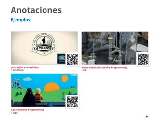 54
Anotaciones
Ejemplos:
Vídeo destacado InVideo Programming
 GE
Canal InVideo Programming
 Lego
Anotación a más vídeos
 Land Rover
 