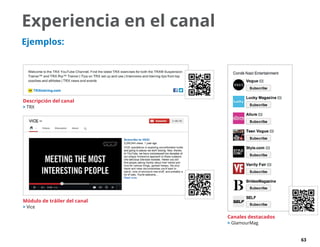 63
Experiencia en el canal
Ejemplos:
Canales destacados
 GlamourMag
Descripción del canal
 TRX
Módulo de tráiler del canal
 Vice
 