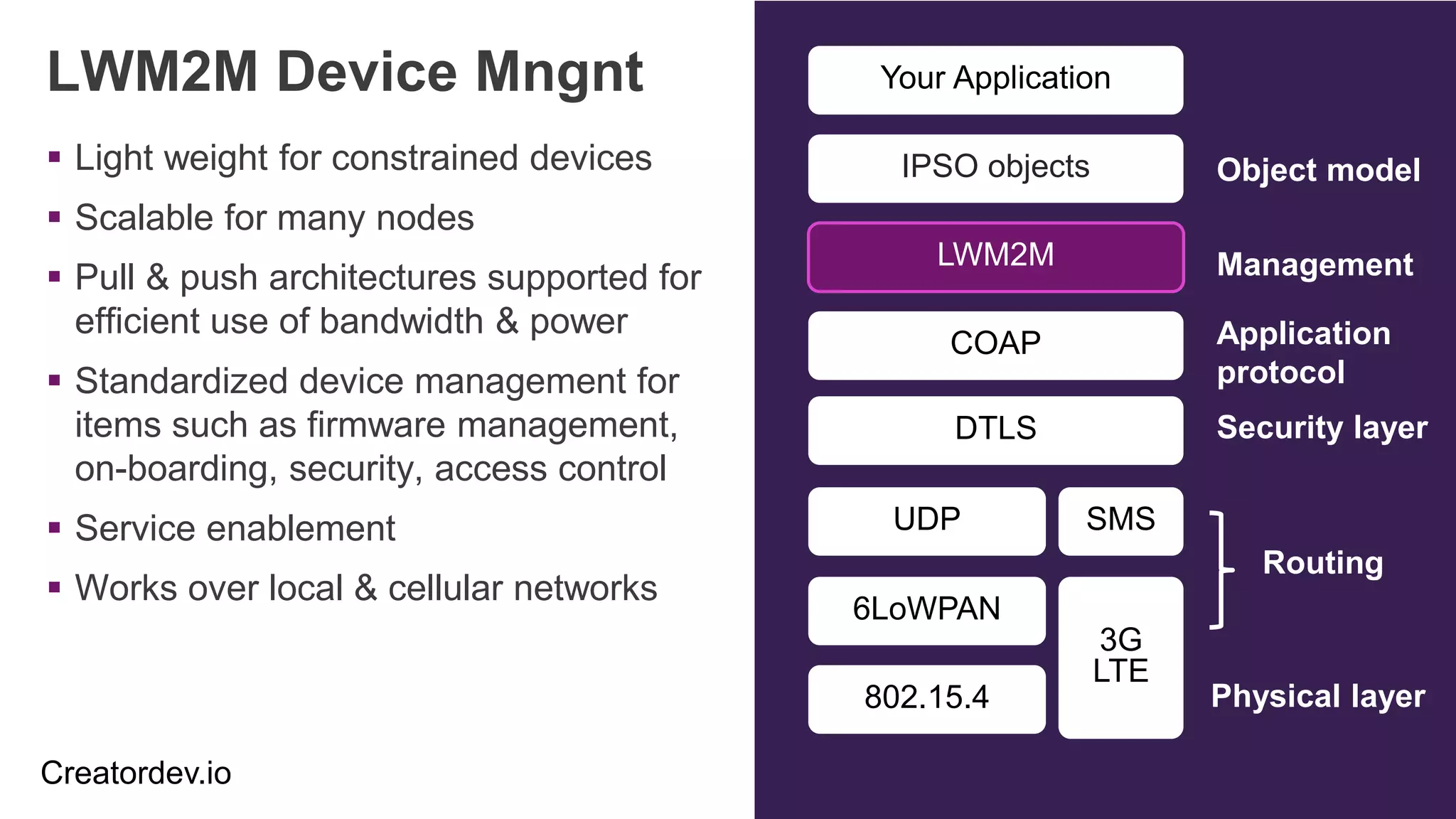 LWM2M Device Mngnt
 Light weight for constrained devices
 Scalable for many nodes
 Pull & push architectures supported for
efficient use of bandwidth & power
 Standardized device management for
items such as firmware management,
on-boarding, security, access control
 Service enablement
 Works over local & cellular networks
Your Application
IPSO objects
LWM2M
COAP
UDP
6LoWPAN
802.15.4
3G
LTE
Object model
Physical layer
Security layerDTLS
SMS
Management
Application
protocol
Routing
Creatordev.io
 